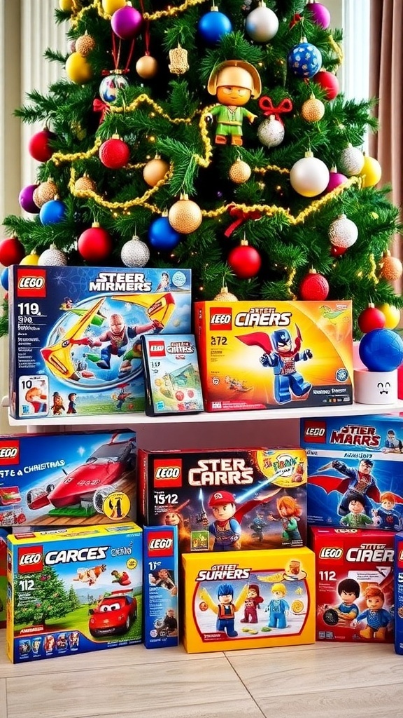 A collection of Christmas gifts for boys, including toys and games, under a decorated Christmas tree.
